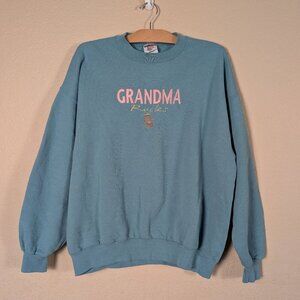 VTG 90s JERZEES Sweatshirt Grandma Rocks Adult XL Teal Embroidered Granny